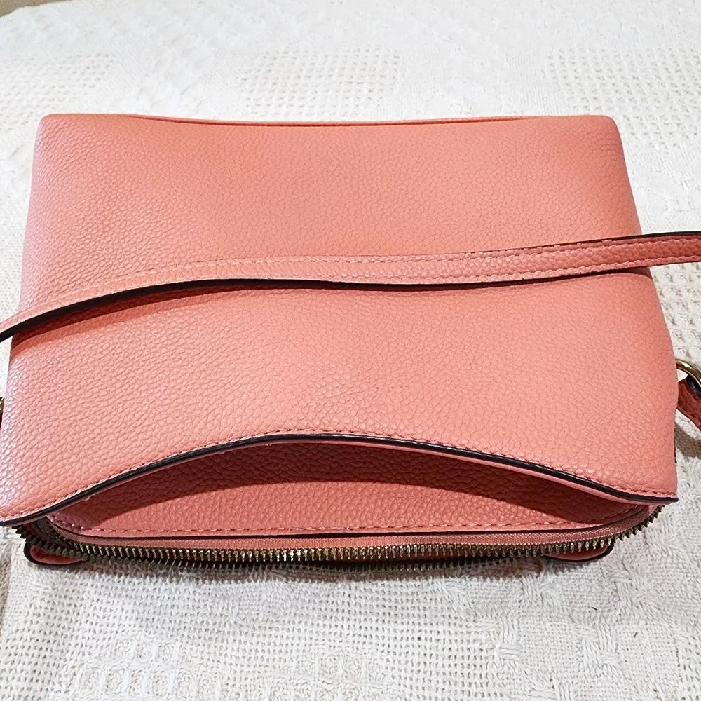 Nanette Lepore Peach Pink Three Pocket Dressy Gold Accent Crossbody Bag Purse